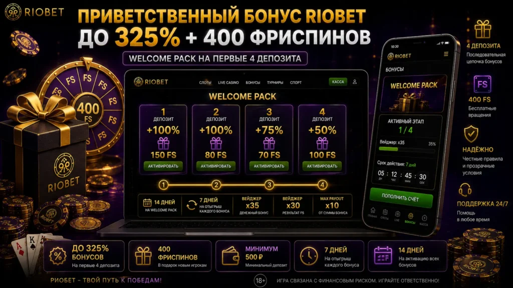 Приветственный бонус Riobet — Welcome Pack 325% и 400 фриспинов
