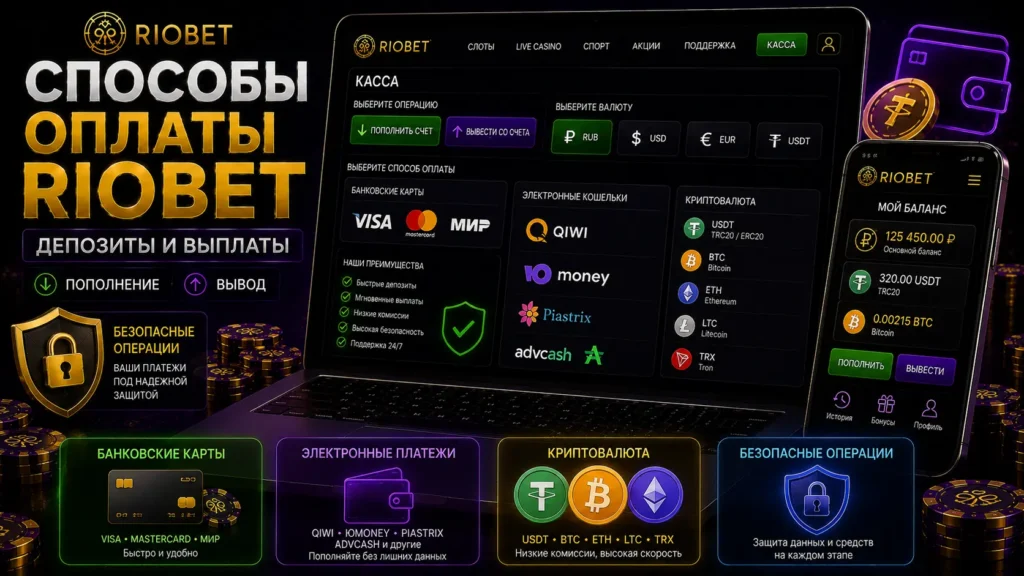 Способы оплаты Riobet — фиатные и криптовалютные платежи